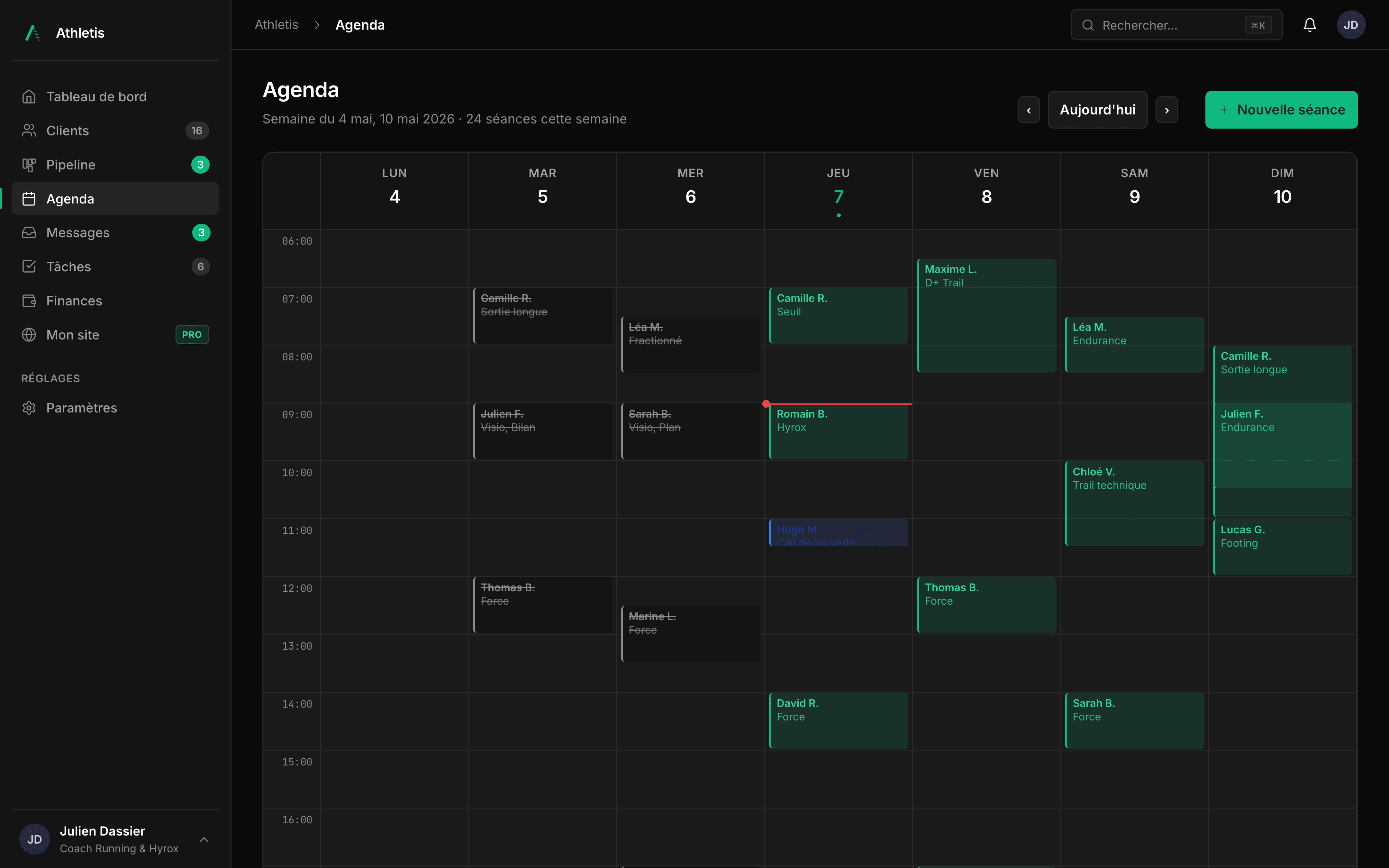 Agenda hebdomadaire des séances dans Athletis pour planifier la semaine d'un coach sportif