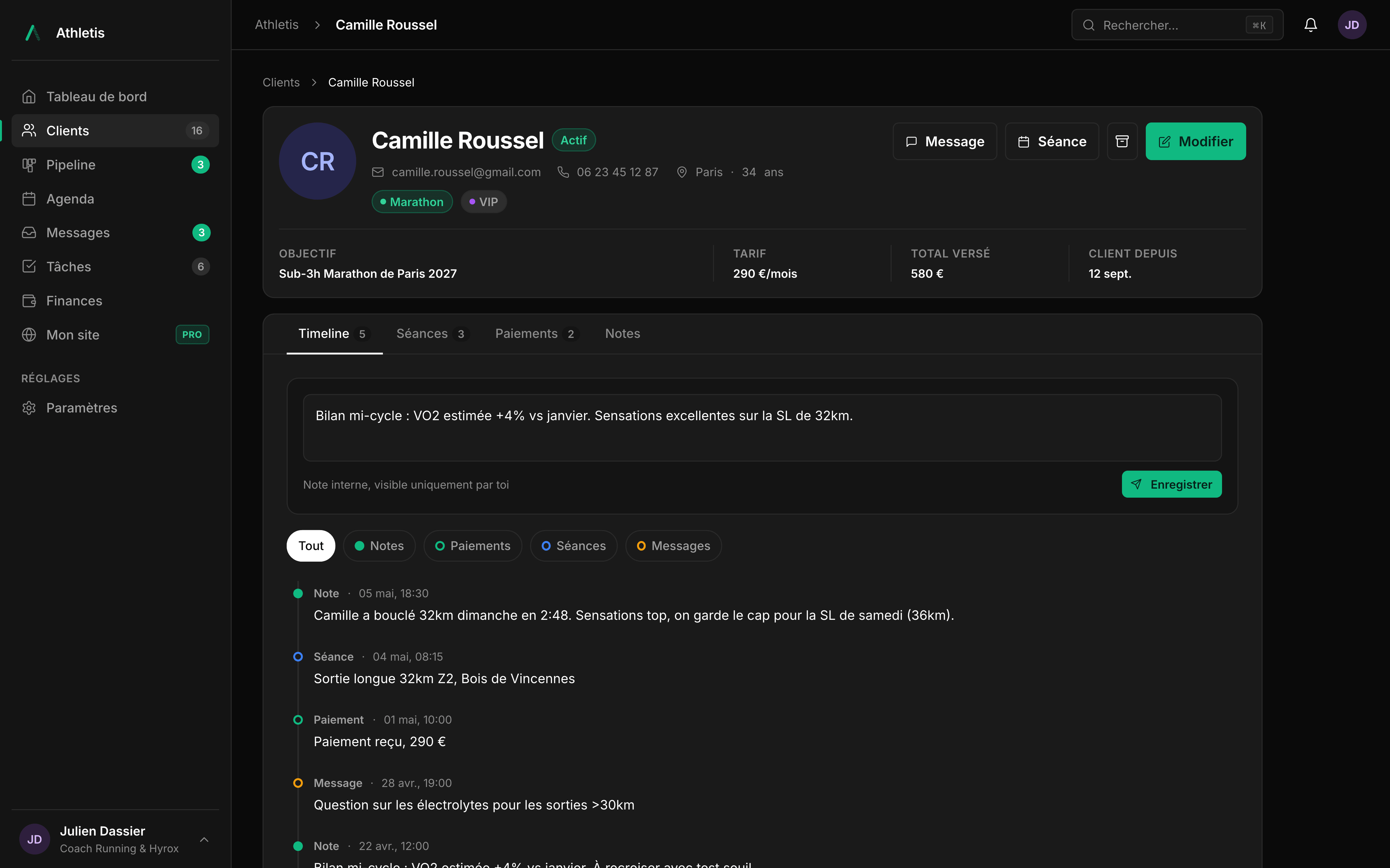 Fiche client dans Athletis : objectif, tarif, paiements, séances et historique complet d'un athlète